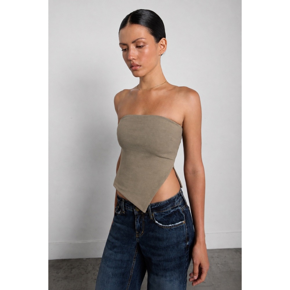 Oak + Fort Asymmetrical Pointed Hem Tube Top Khaki Tan Strapless Small